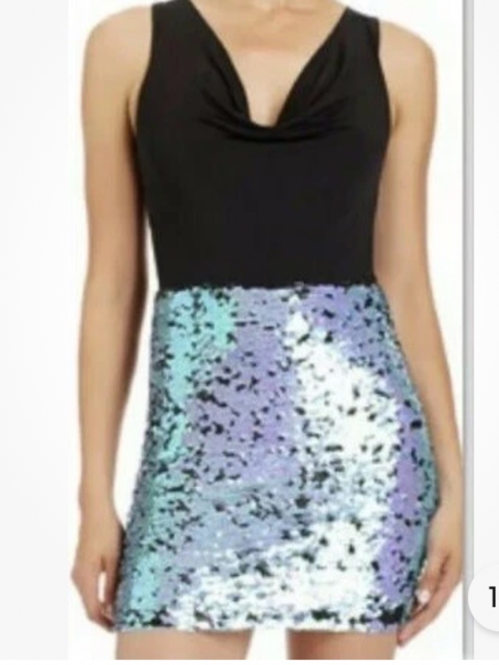 NWT Bebe 2b Black Blue Sequin Halter drape Neck Stretchy skirt top dress S Small